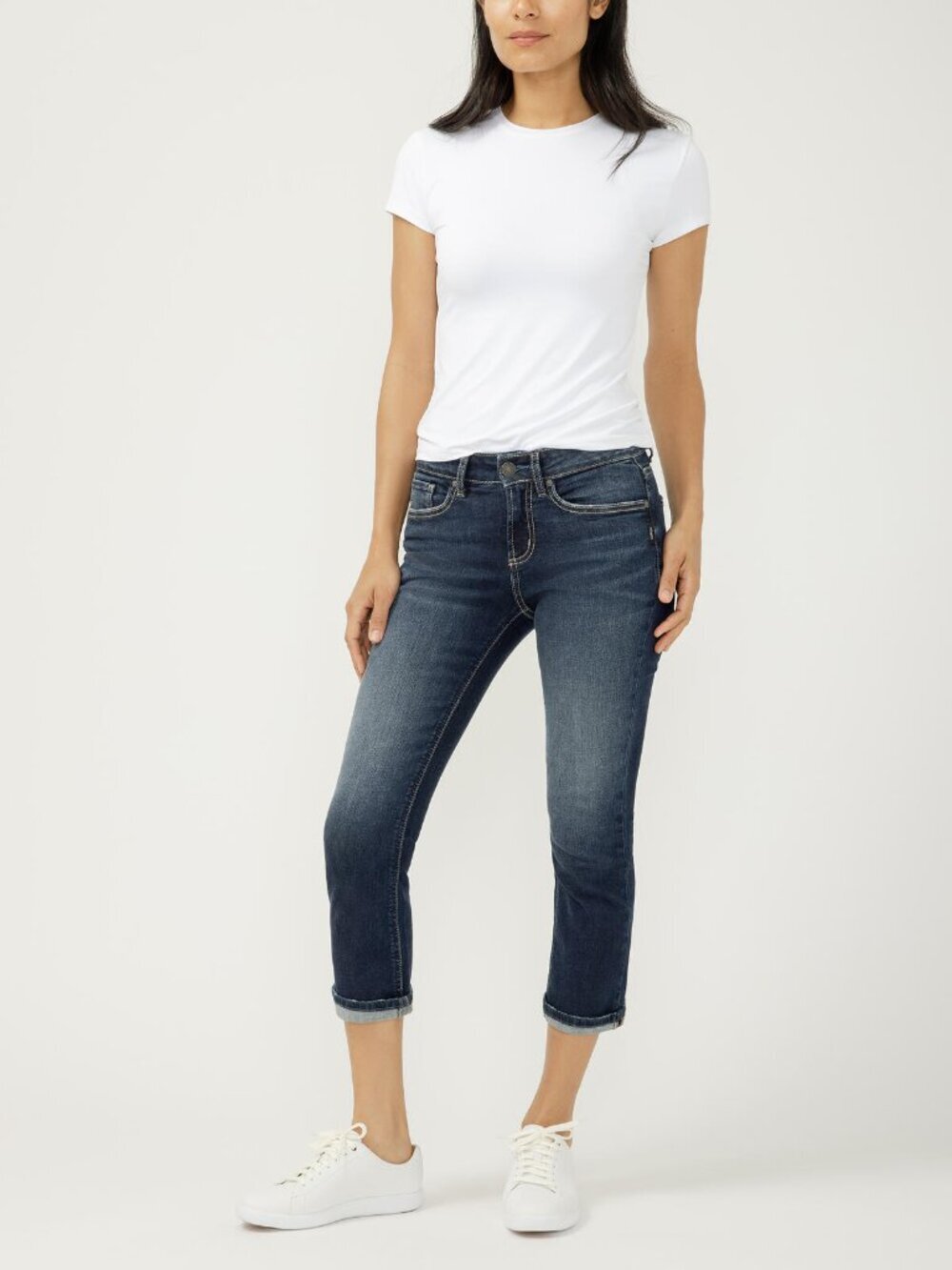 SILVER Suki Capri Dark Rinse Contrast Stitching Mid Rise Cropped Jeans, Size 30